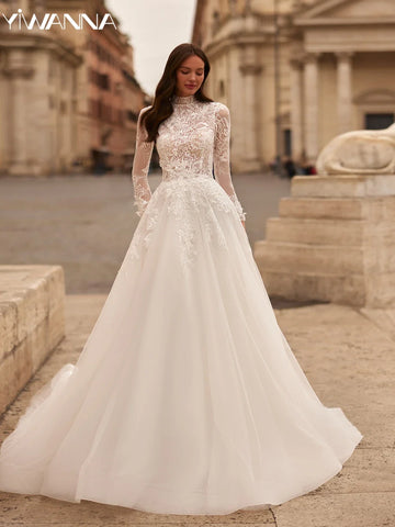 Runhufu A-line Long Wedding Dress Modest High Collar Bride Robe Graceful Appliques 3D Flower Bridal Gown Robe De Mari¨¦e